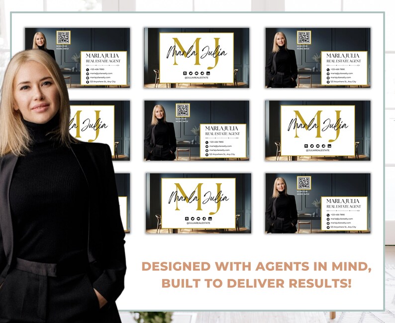 Close-up of a customizable Canva business card for realtors, highlighting the modern layout and luxury appeal, perfect for agents in luxury real estate marketing.