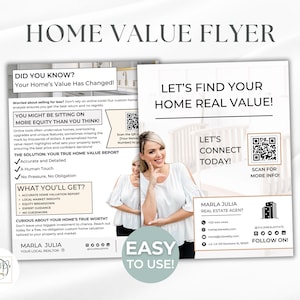 May include: A white flyer with a gold border and black text. The flyer is for a real estate agent and offers a free home valuation report. The flyer includes a QR code to scan for more information. The text on the flyer reads "Home Value Flyer", "Did you know? Your home's value has changed!" and "Let's find your home real value!"