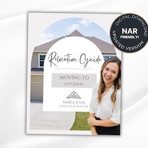 May include: A digital download relocation guide with a photo of a house and a smiling realtor. The guide is titled "Relocation Guide" and says "Moving to CITY,STATE". The realtor's name is Marla Julia and she is a local realtor.