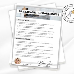 May include: A printable checklist with tips for hurricane preparedness. The checklist includes sections for food and water, windows and doors. The checklist is titled "Hurricane Preparedness".