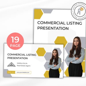 May include: A 19-page commercial listing presentation template featuring a grey and gold honeycomb pattern. The template includes a photo of a woman with her arms crossed, and text that reads "Commercial Listing Presentation".