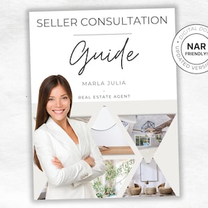May include: A white guide with the text "Seller Consultation Guide" and "Marla Julia Real Estate Agent". The guide is decorated with a collage of images of a home interior. A woman in a white blazer is pictured in the lower left corner.