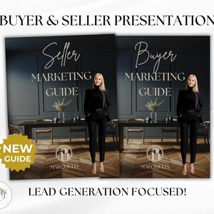 May include: Two marketing guides for real estate buyers and sellers. The guides are titled "Buyer Marketing Guide" and "Seller Marketing Guide". The guides feature a woman in a black suit standing in a room with a table and chairs. The guides are both labeled "New Guide" and feature the name "Marla Julia".