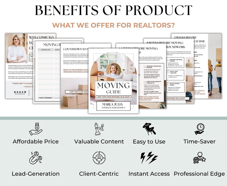 Fully Customizable Moving Guide and Checklist for Realtors – Printable 8.5x11 Template to Assist Buyers and Sellers with Moving Preparation and Relocation