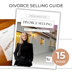 Op de afbeelding: Een gids getiteld "Divorce Selling" met de tekst "Marla Julia - Your Local Realtor" en "15 Pagina's". De gids bevat een foto van een vrouw in een zwart pak. Een document met het woord "Divorce" is ook zichtbaar.