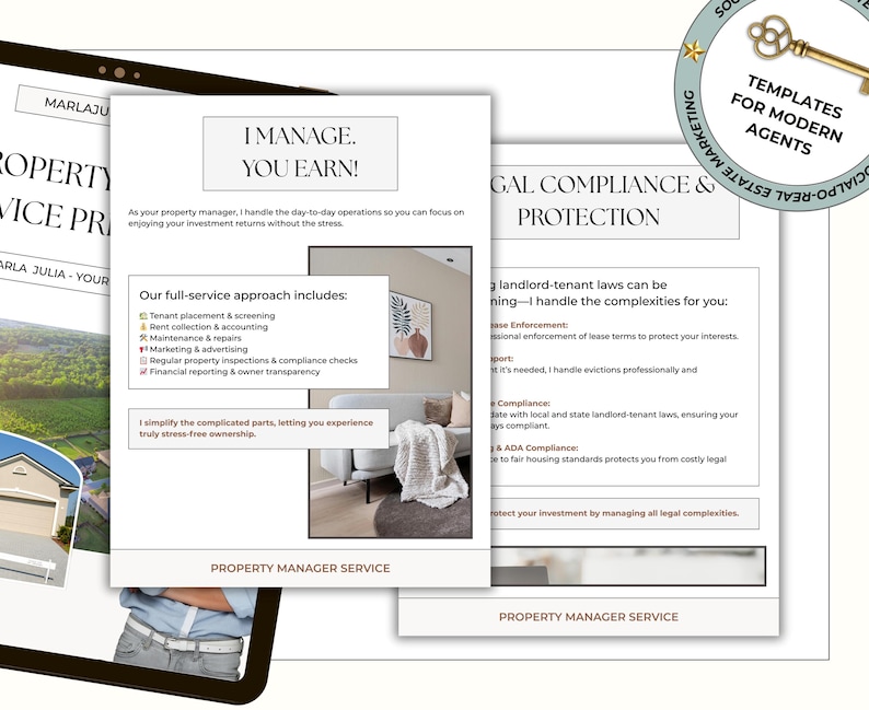 Real estate rental template for presenting property management packages, tenant screening services, and landlord support systems.