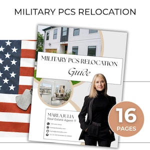 May include: A guide titled "MILITARY PCS RELOCATION" with a photo of a house and a woman in a black suit. An American flag and a heart-shaped object are on the left. The guide has 16 pages and is for real estate.