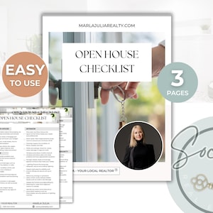 May include: A checklist for open houses with a key and a woman's headshot. The checklist is titled "Open House Checklist" and has three pages. The text "Easy to Use" is in a circle on the left side of the image. The text "3 Pages" is in a circle on the right side of the image.