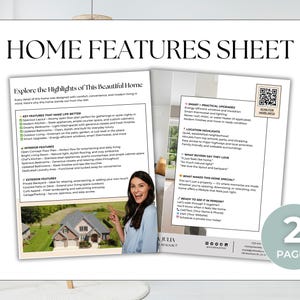 Może przedstawiać: Biała karta Home Features z tekstem "HOME FEATURES SHEET" na górze. Karta zawiera informacje o cechach domu, ulepszeniach i najważniejszych cechach lokalizacji. Kobieta wskazuje na kartę. Karta ma kod QR i słowa "2 PAGES".