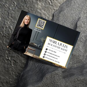 Modern realtor business card template shown in Canva editing mode, demonstrating the ease of customization, ideal for agents utilizing Canva’s free version.