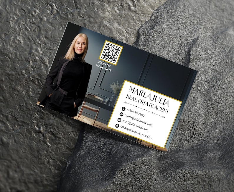 Modern realtor business card template shown in Canva editing mode, demonstrating the ease of customization, ideal for agents utilizing Canva’s free version.