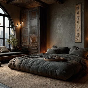 May include: A cozy bedroom with a large, low bed covered in a dark gray comforter. A large window offers a city view. The room features a neutral color palette, wooden accents, and decorative plants.