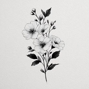 May include: A monochrome botanical illustration of a flowering stem. The image shows several open flowers with dark centres, buds, and leaves. The artwork is rendered in a realistic style, with shading that gives depth and dimension to the botanical elements. The background is plain white.