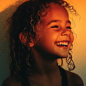 Peut inclure: Portrait d'une personne souriante aux cheveux bouclés mouillés. La personne porte un haut noir et est éclairée d'une lumière chaude et dorée. Le fond est un dégradé d'orange et de blanc.