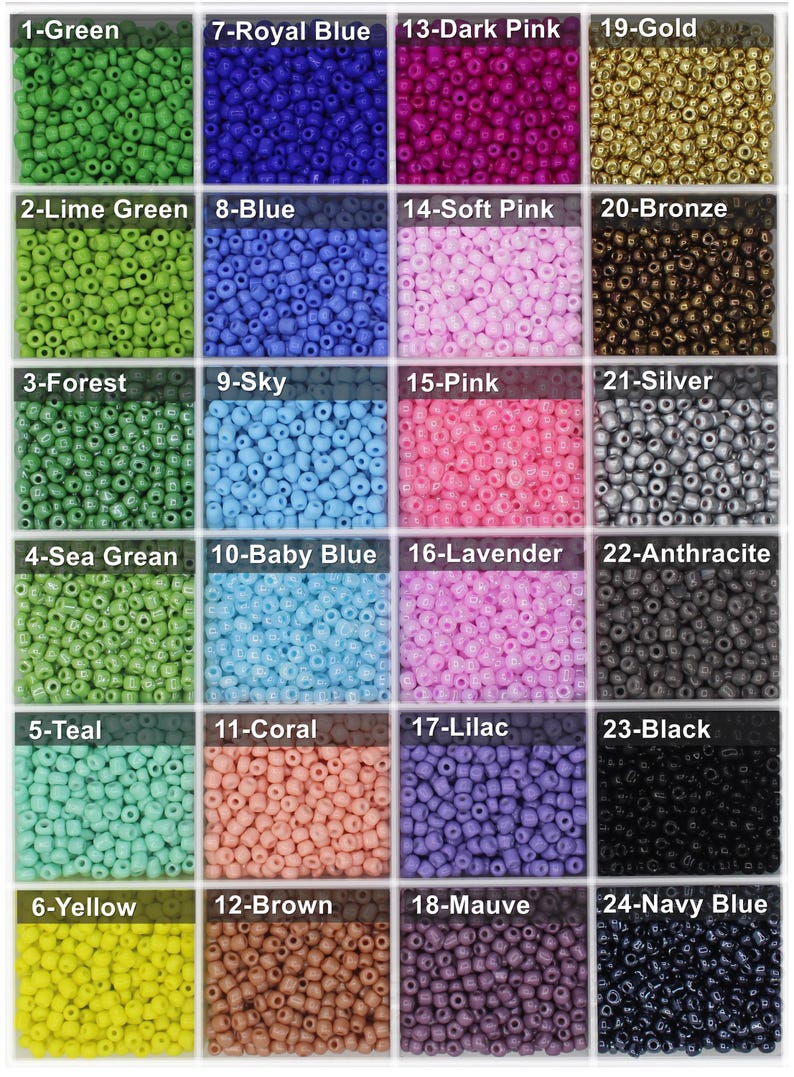 May include: A grid of twenty-four square compartments containing small, round alphabet beads in various colors. Each section is labeled with a number and color name, including green, blue, pink, gold, bronze, silver, and black, featuring letters.