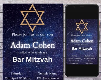 Invitación a la Mitzvá de la Estrella de David: Plantilla editable de Canva (descarga digital)