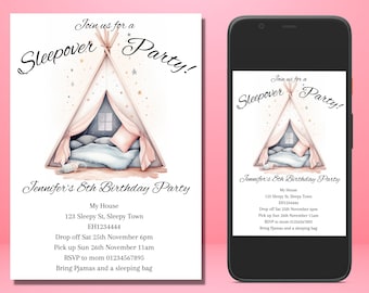 Invitación a fiesta de pijamas: Invitación editable para glamping (digital)