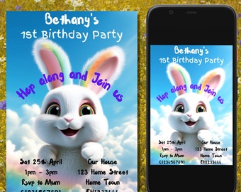 Editable Bunny Birthday Invitation Template, Canva (Digital Download)
