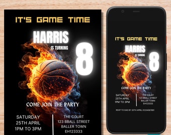 May include: A basketball birthday party invitation with a basketball on fire. The invitation says "It's Game Time" and "Harris is turning 8". The invitation includes the date, time, and location of the party.