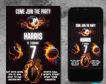 Peut inclure: Une invitation à une fête d'anniversaire avec un fond noir et un design enflammé. L'invitation présente un ballon de football, une balle de baseball, un ballon de basket-ball et un ballon de football américain, tous enveloppés de flammes. Le texte indique "Come Join the Party", "Harris is Turning 7", "Sat 25th April 1pm to 3pm", "RSVP to Dad 01234567891", "Sports Hall 3 Sports Street Sport Town EH123FF12".