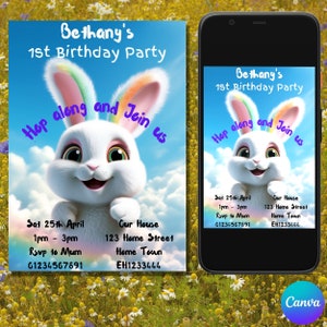 Bunny Invitations/ Bunny 1st Birthday Invitation/ Editable Invitation to any age/ Bunny Birthday Invitation/ Birthday Invitation/ Bunnies