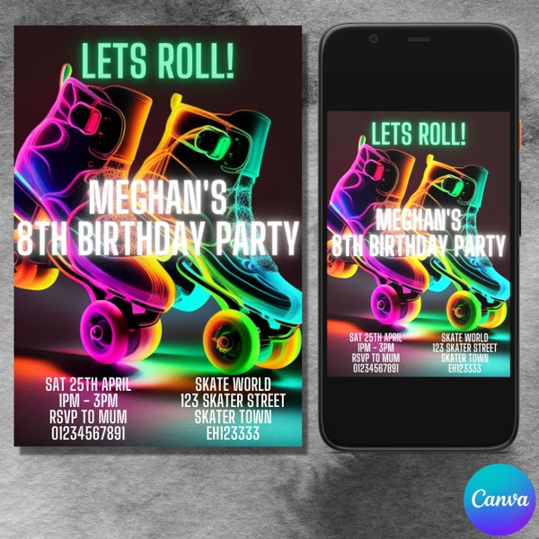 Roller Skate Party Invitation Editable/ Skate Party/ Skating Invitation/ Skating Party/ Glow skate party/ Skate party invite/ Skate
