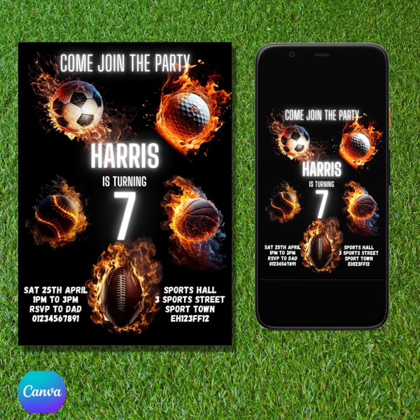 Sports Birthday Invitation Editable Invitation/ Sports birthday/ Soccer Golf Football Baseball Basketball Invitation/ Birthday Invitation