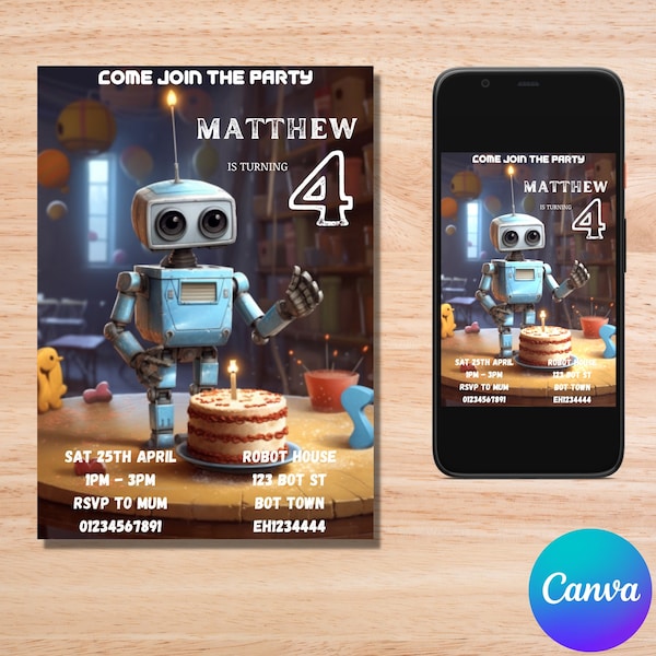 Robot Birthday Invitation/ Editable Invitation/ Robot Birthday Party/ Robot Invitation/ Robot party theme/ Robot party invite/ Robot theme