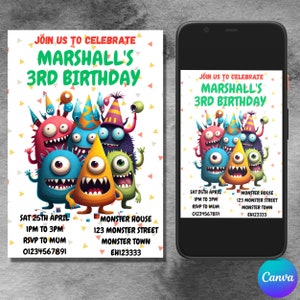 Bearbeitbare Monster Geburtstagseinladung: Bunte Monster (Digital)