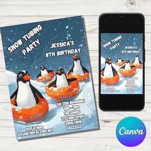 Invitación editable de Tubing, invitación de cumpleaños de Tubing, invitación de cumpleaños de Tubing, cumpleaños de Snow Tube, fiesta de Snow Tube, invitación de Penguin