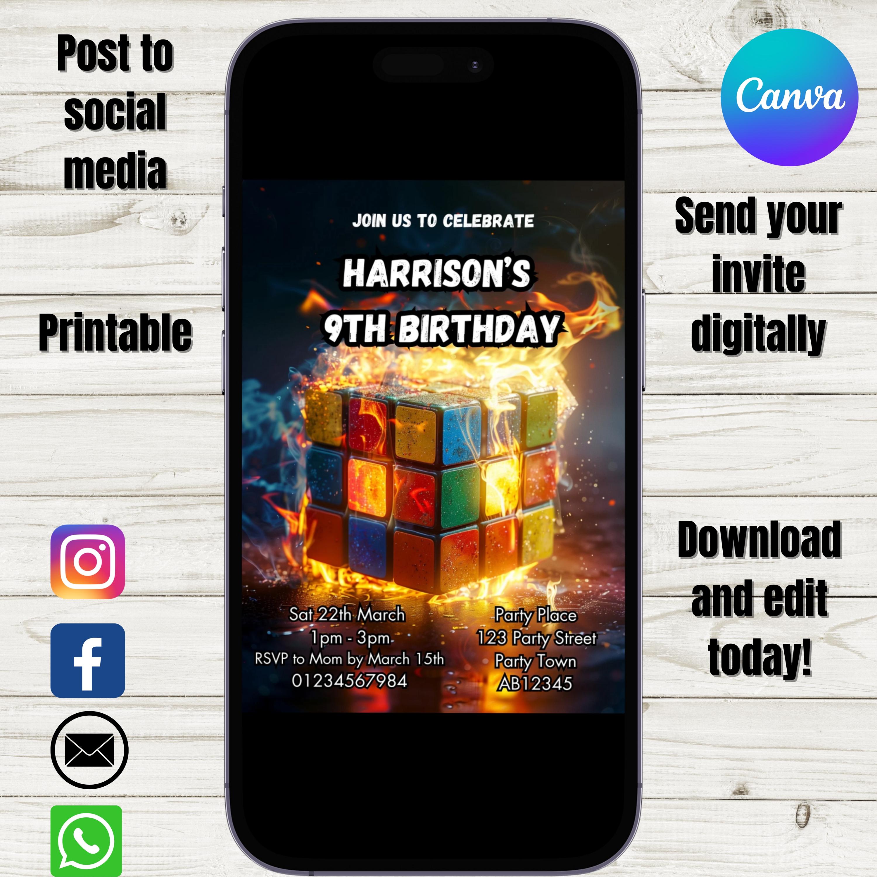 Rubik's Cube Birthday Invitation: Editable Canva Template (digital ...