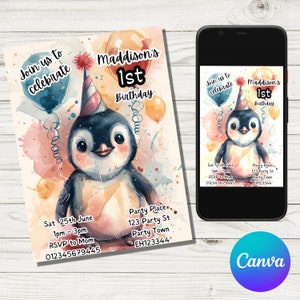 Bearbeitbare Pinguin-Geburtstagseinladung, süße Geburtstagseinladung, Tier-Geburtstagseinladung, Pinguin-Einladung, Pinguin-Einladung, Kinderparty