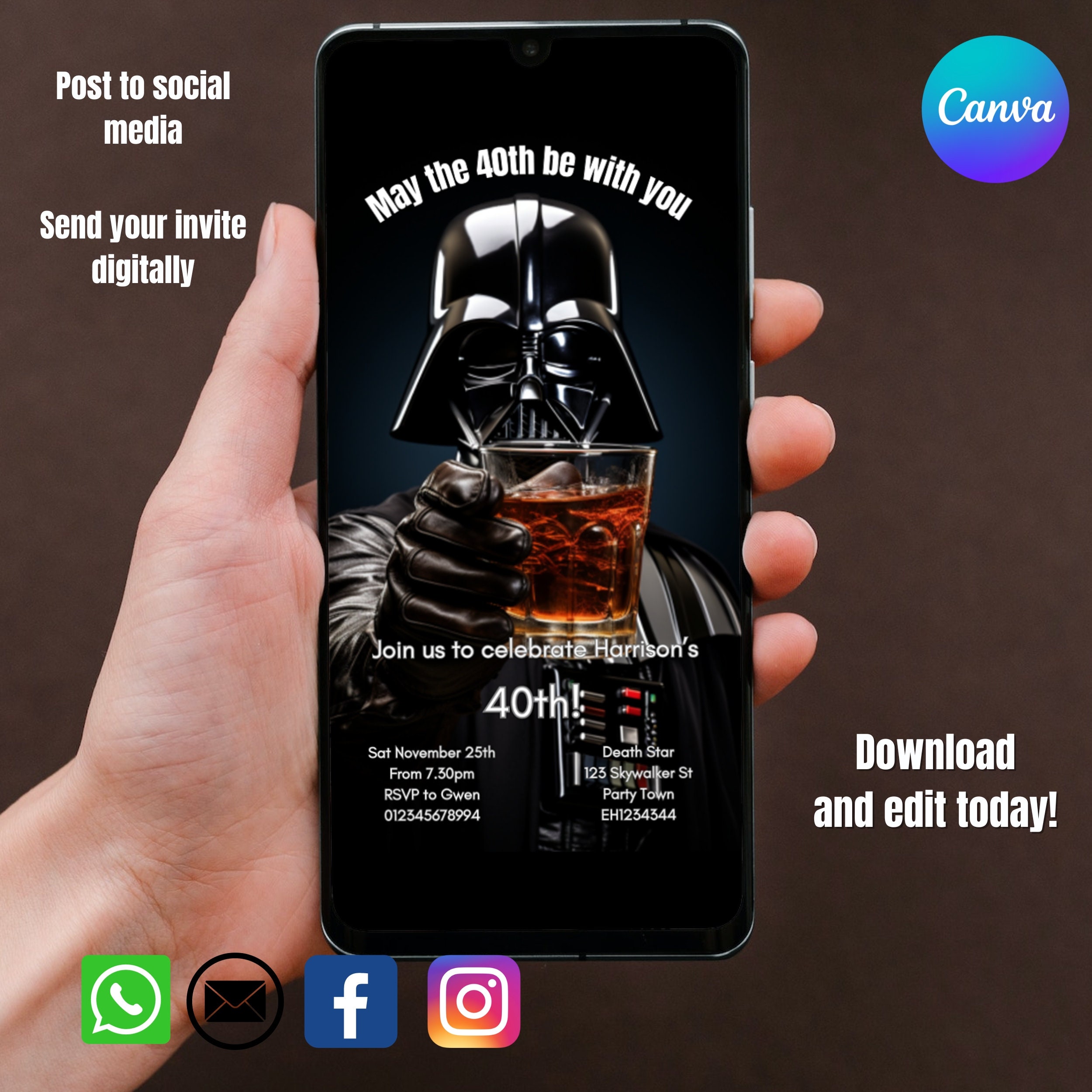 Darth Vader 40th Birthday Invitation, Star Wars Birthday Invitation, 80