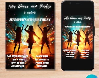 May include: A colorful invitation for a 6th birthday party with a dance theme. The invitation features a silhouette of three girls dancing in front of a stage with colorful lights. The text on the invitation reads "Let's Dance and Party!" and "Jennifer's 6th Birthday". The invitation also includes the date, time, location, and RSVP information.