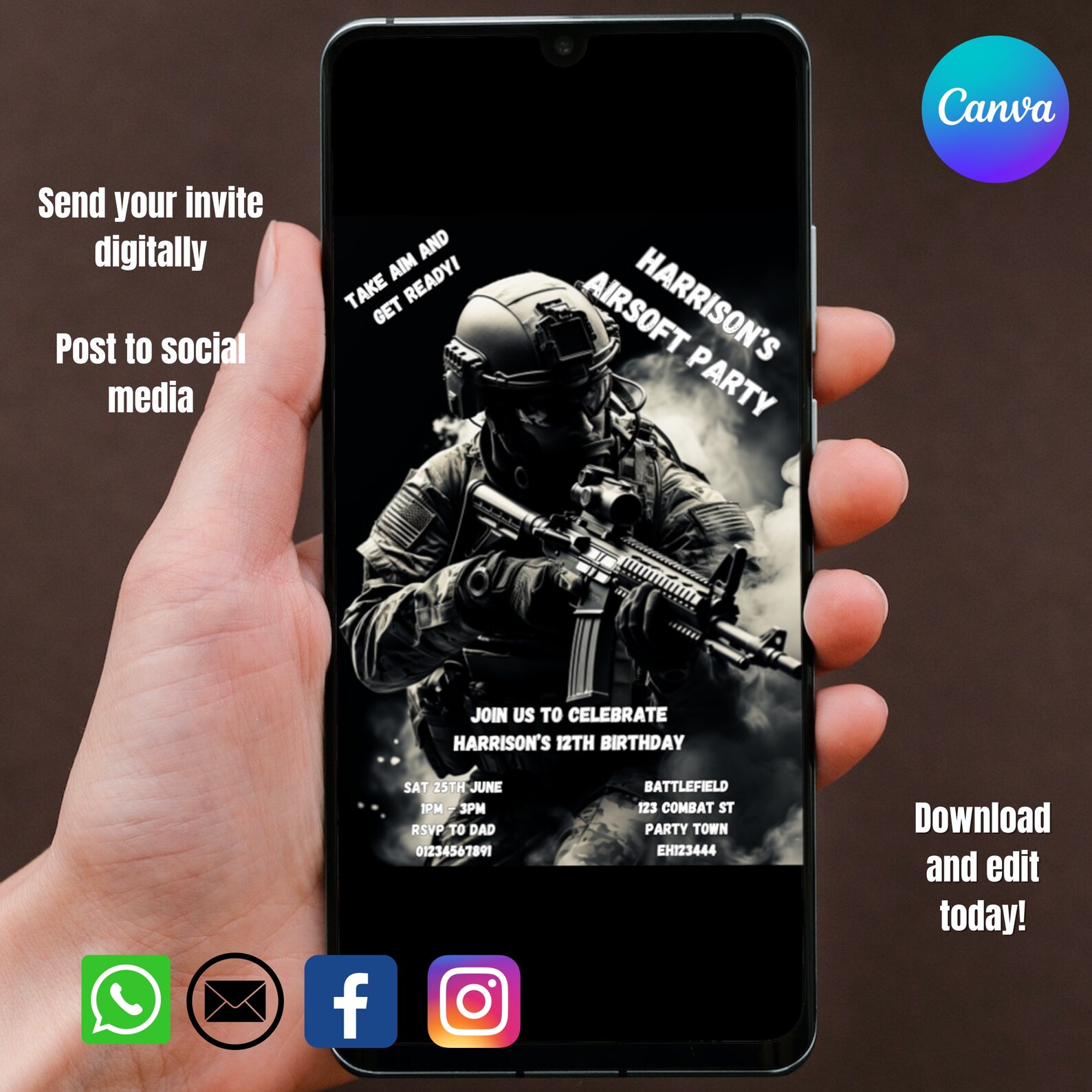Airsoft Invitation, Airsoft Birthday Invitation, Airsoft Party