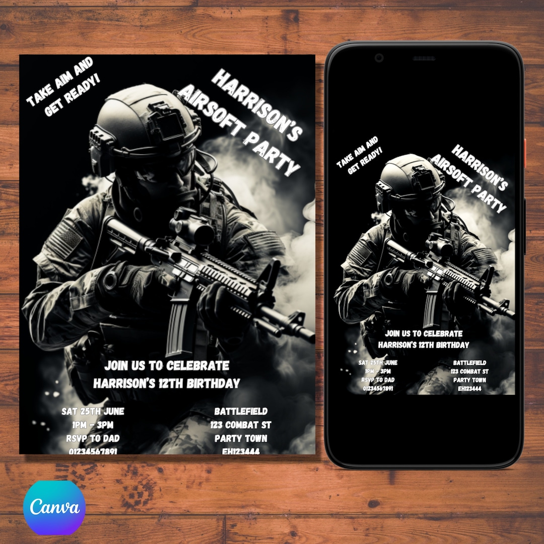 Airsoft Invitation, Airsoft Birthday Invitation, Airsoft Party Invitation, Army Invitation, Army