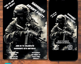 Airsoft Birthday Invitation: Army Party, Editable Template (Digital)