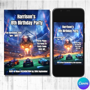 Invitation d'anniversaire de Rocket League, invitation de ligue de fusée, invitation de jeu, invitation d'anniversaire de jeu, invitation de jeu vidéo de voiture, modifiable