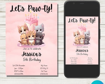 Cute Kitty Birthday Invitation, Editable Canva Template (Digital Download)