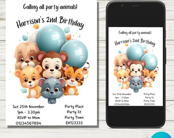 Verjaardagsuitnodiging dierentuindieren: safarithema (digitale download)
