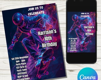 Könnte beinhalten: Eine Geburtstagseinladung mit einem Neon-Design, das einen Skateboarder zeigt. Der Text lautet "Schließen Sie sich uns an, um Harrisons 10. Geburtstag zu feiern". Die Einladung enthält Datum, Uhrzeit, Ort und RSVP-Informationen.
