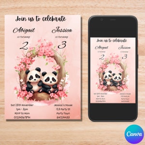 Girls Joint Birthday invitation, Twin birthday, editable invitation, Sibling birthday invite, Joint party invite, Joint invitation, Pandas