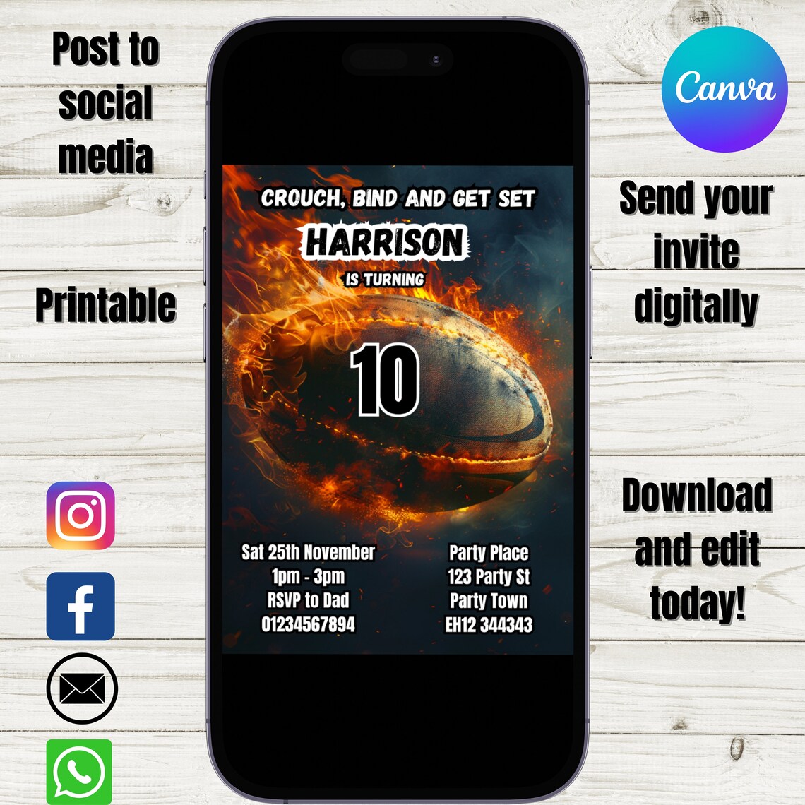 Editable Rugby Birthday Invitation: Canva Template (digital Download ...