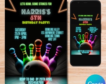 Bowling Party Invitation: Editable Canva Template (Digital Download)