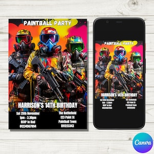 Paintball invitation, Paintball Party invitation, Paintball invite, Paintball Birthday invitation, Editable invitation, Paintball party