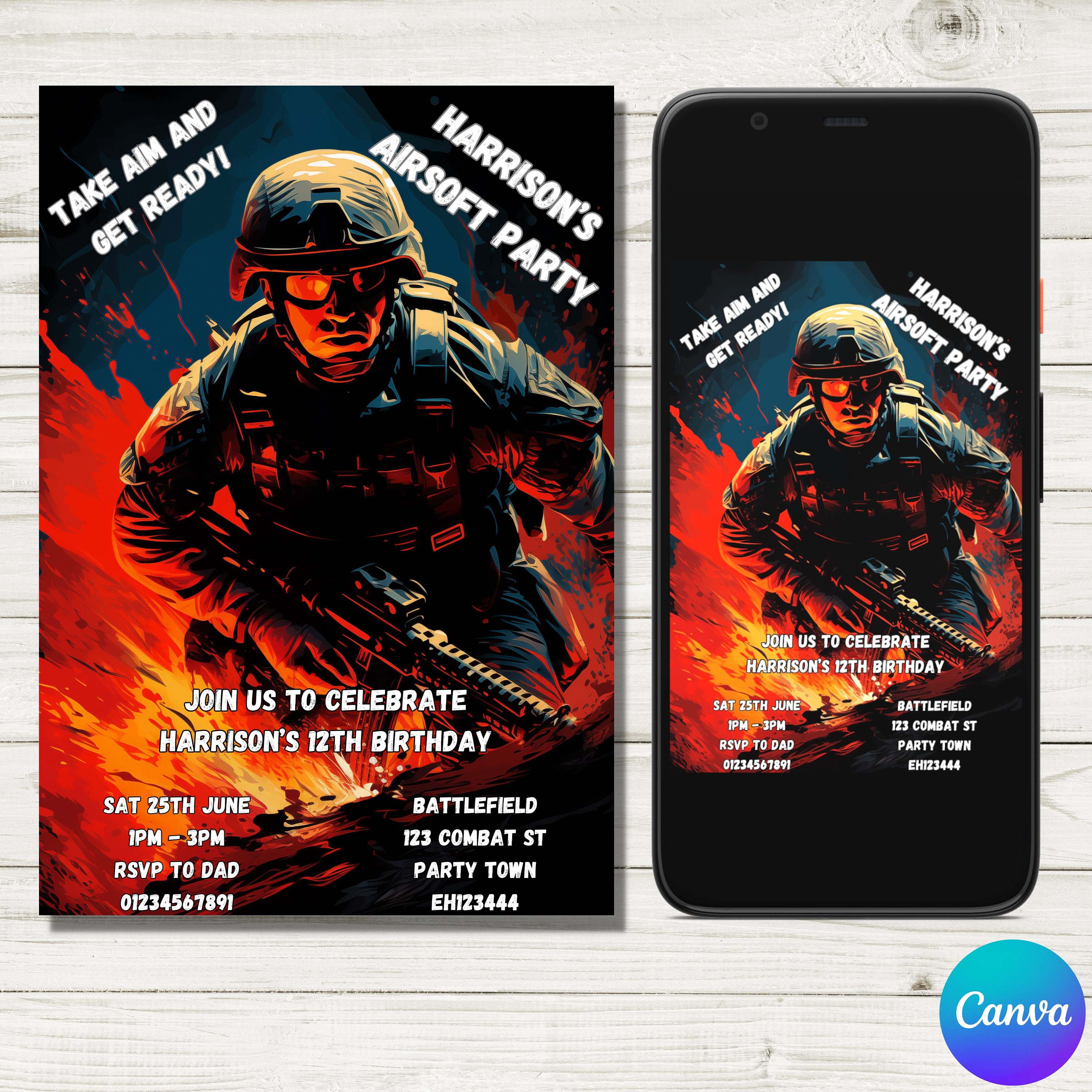 Airsoft Invitation, Airsoft Invite, Airsoft Party Invite, Airsoft