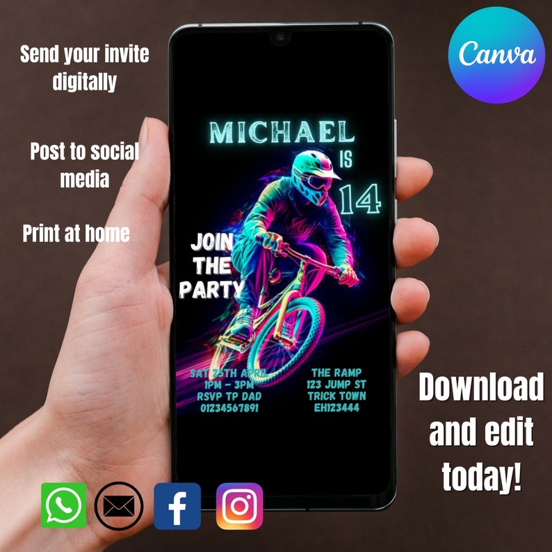 May include: A digital birthday invitation for a 14th birthday party. The invitation features a neon-colored graphic of a person riding a BMX bike. The text on the invitation reads "Michael is 14, Join the Party". The invitation also includes the date, time, and location of the party.