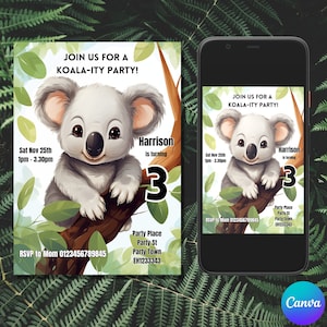 Editable Koala Birthday Invitation: Kids Zoo Party (Digital Download)