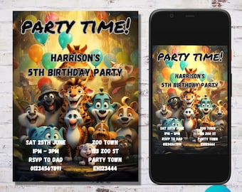 Bewerkbare verjaardagsuitnodiging dierentuindieren: Safari Party (digitale download)