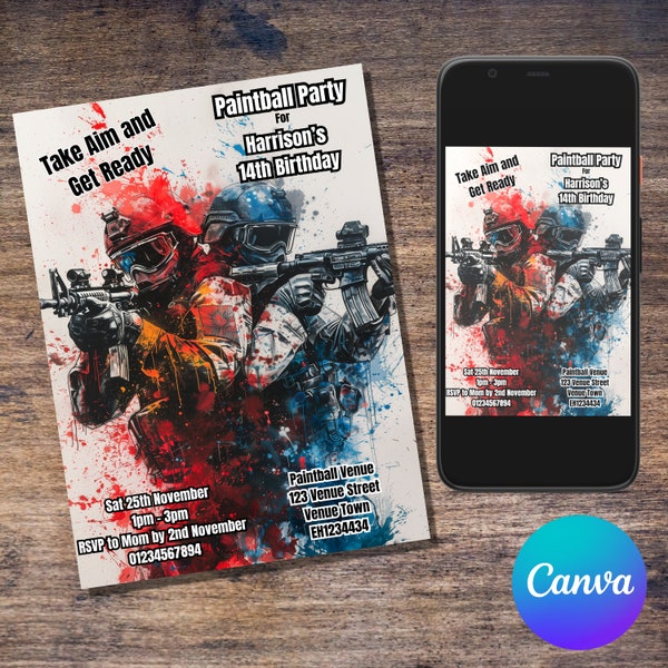 Editable Paintball Birthday Invitation, Canva Template (Digital Download)